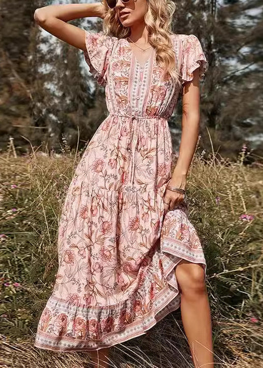 Elegant Pink V Neck Print High Waist Long Dresses Summer AU1033 OM-ZS240902