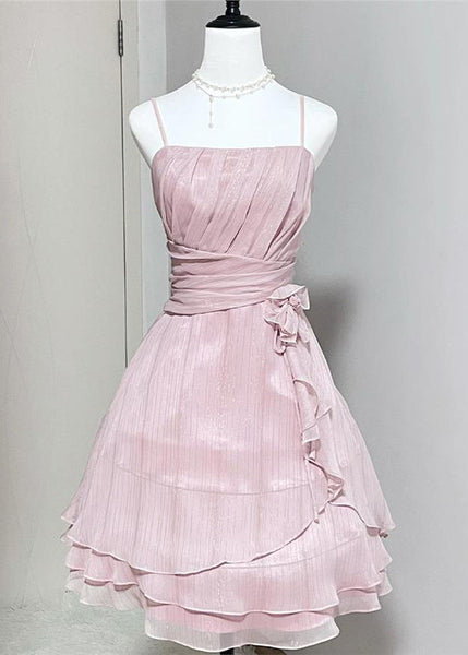 Waist Strap Elegant Wrinkled Silk Pink Spaghetti Dress High FashionChic