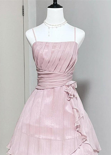 Waist Strap Elegant Wrinkled Silk Pink Spaghetti Dress High FashionChic