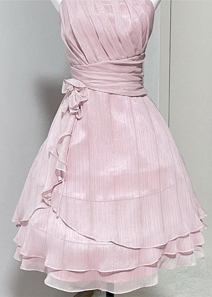 Waist Strap Elegant Wrinkled Silk Pink Spaghetti Dress High FashionChic