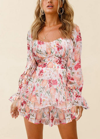 Spring Elegant Print Zippered Pink Jumpsuit Up Lace FashionChic