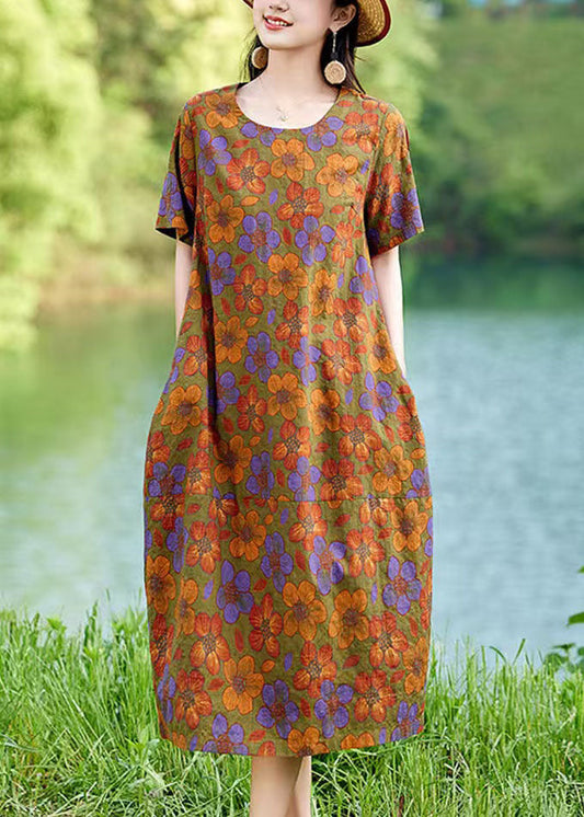 Elegant Linen Polychrome Summer Mid Dress Floral Oversized FashionChic