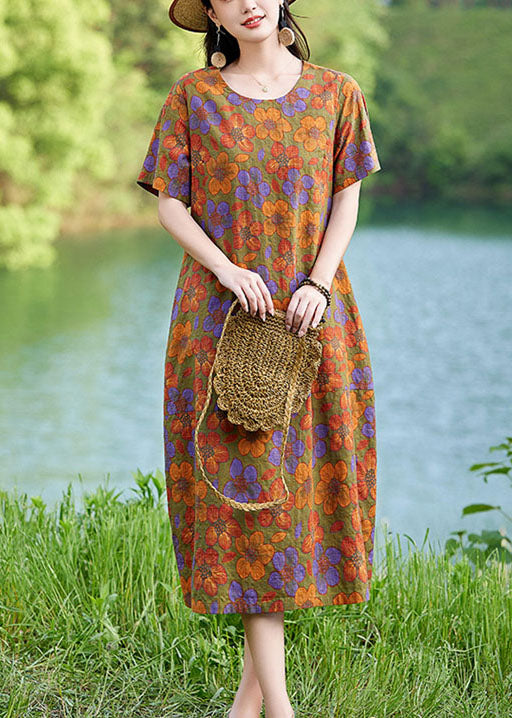 Elegant Linen Polychrome Summer Mid Dress Floral Oversized FashionChic