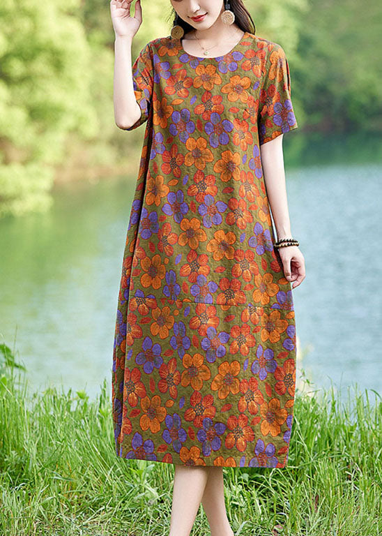 Summer Dress Oversized Elegant Floral Linen Polychrome Mid FashionChic