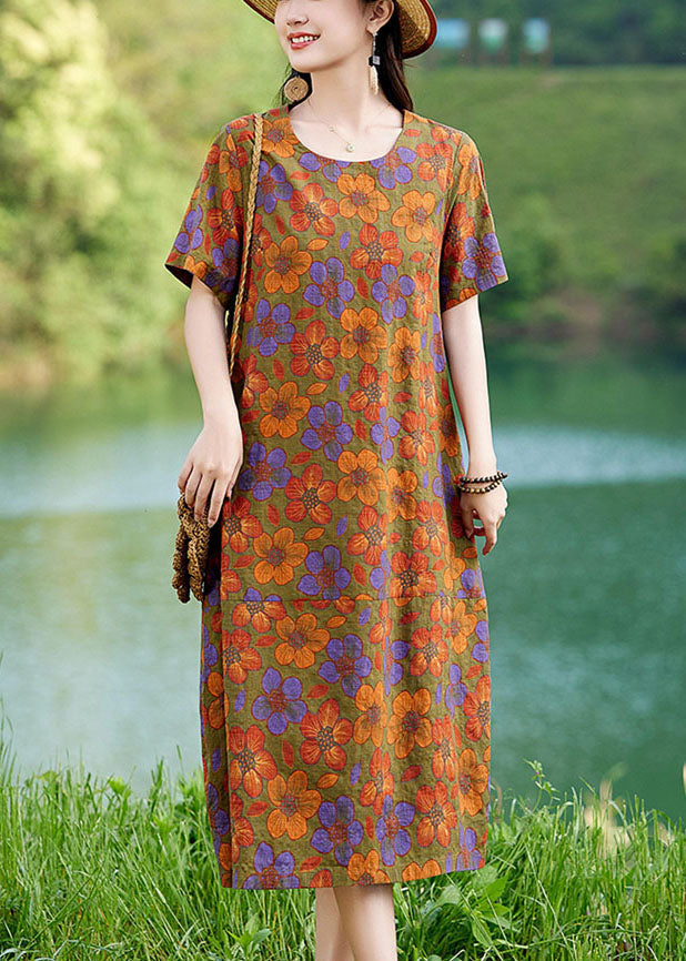 Summer Dress Oversized Elegant Floral Linen Polychrome Mid FashionChic