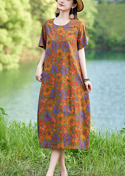 Elegant Linen Polychrome Summer Mid Dress Floral Oversized FashionChic