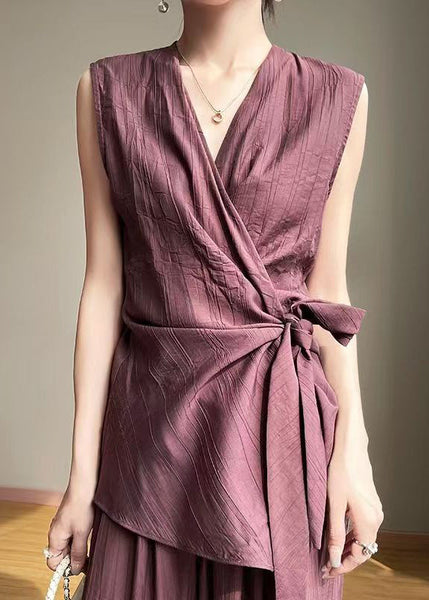 Asymmetrical Cotton Shirt Elegant Purple Lace Up Summer FashionChic