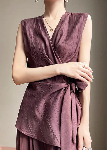 Asymmetrical Cotton Shirt Elegant Purple Lace Up Summer FashionChic