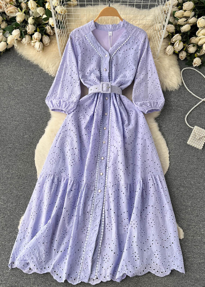 Elegant Purple Button Hollow Out Cotton Shirts Dress Long Sleeve TR046 ZS-FDL240730