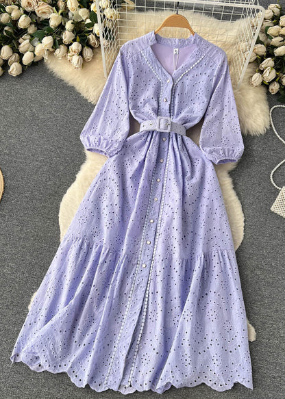 Elegant Purple Button Hollow Out Cotton Shirts Dress Long Sleeve TR046 ZS-FDL240730