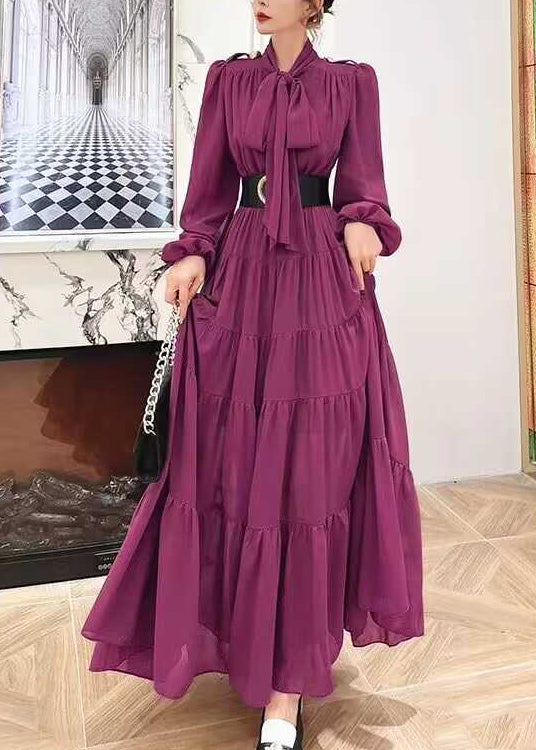 Elegant Purple Lace Up Wrinkled Patchwork Chiffon Dress Long Sleeve XX065 SH-LF-FDL240611