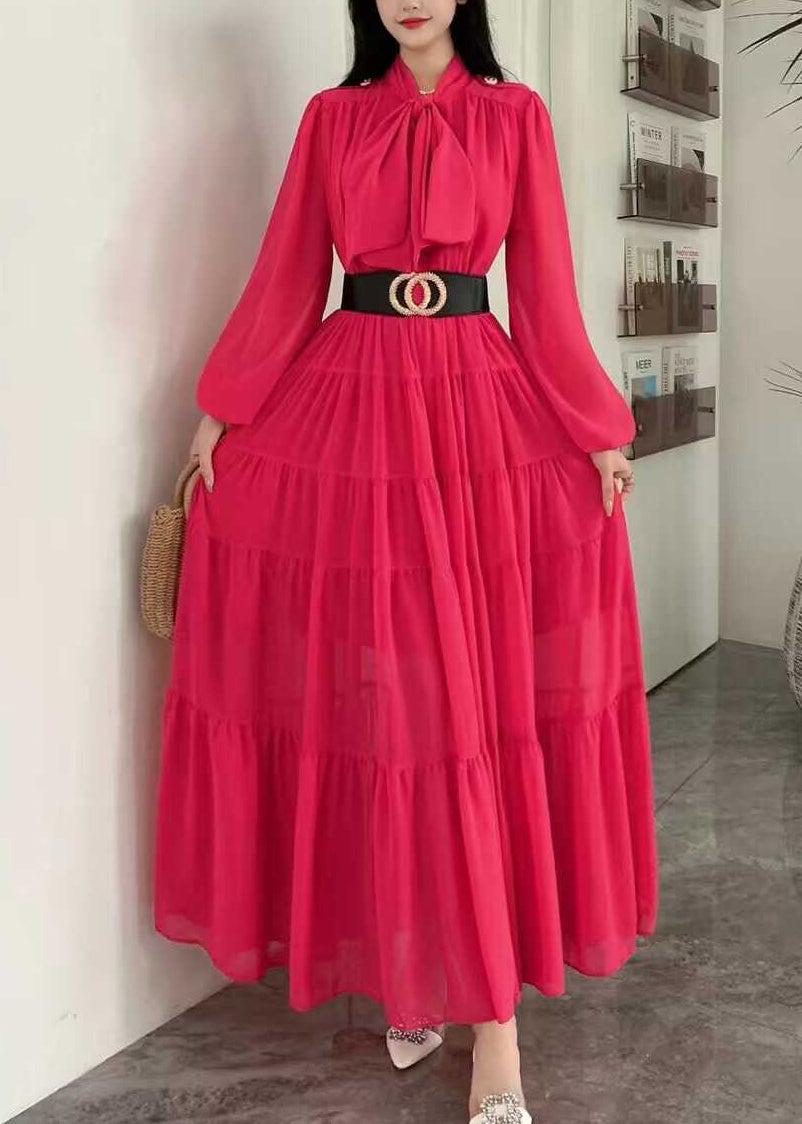 Elegant Purple Lace Up Wrinkled Patchwork Chiffon Dress Long Sleeve XX065 SH-LF-FDL240611