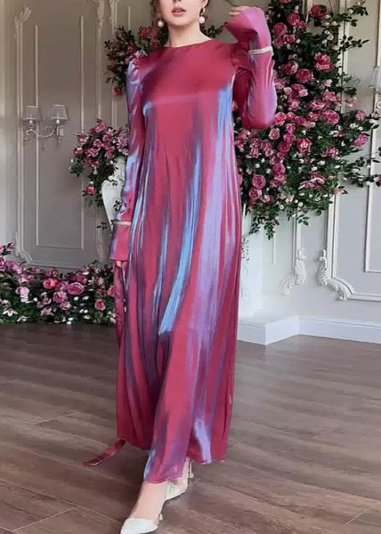 Elegant Purple O Neck Silk Maxi Dress Fall WO050 OM-ZS241108