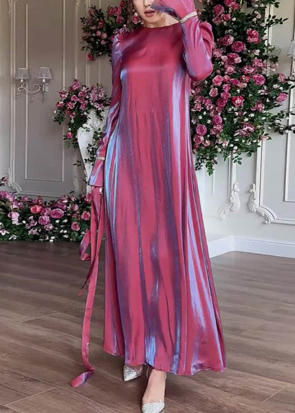 Elegant Purple O Neck Silk Maxi Dress Fall WO050 OM-ZS241108