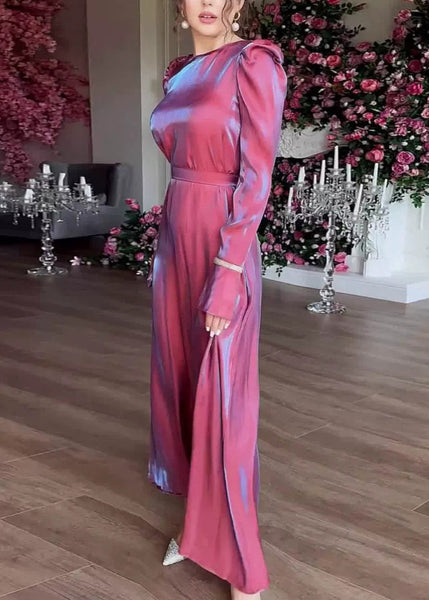 Elegant Purple O Neck Silk Maxi Dress Fall WO050 OM-ZS241108