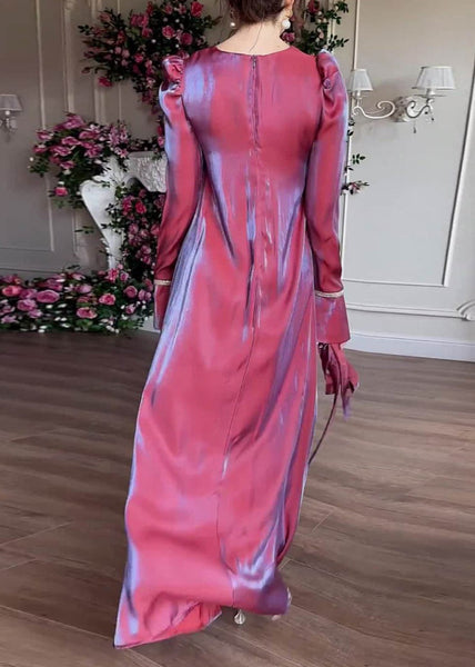 Elegant Purple O Neck Silk Maxi Dress Fall WO050 OM-ZS241108