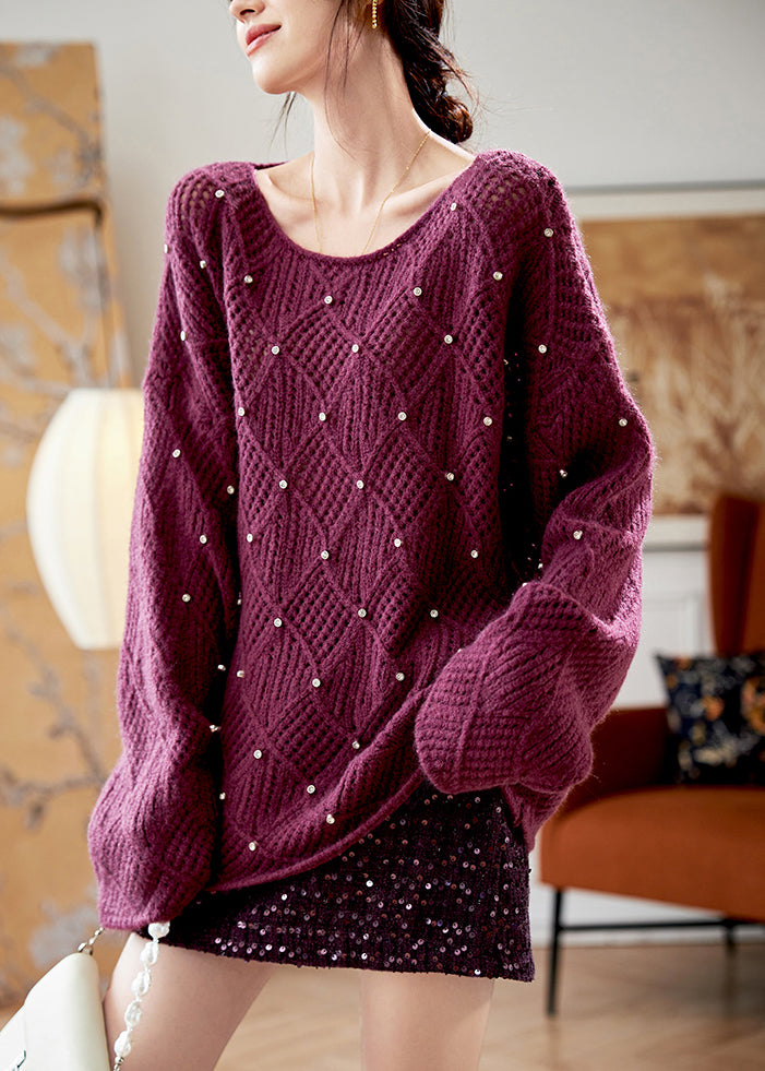 Elegant Purple O Neck Zircon Knit Sweaters Fall QS004 OM-BB241010