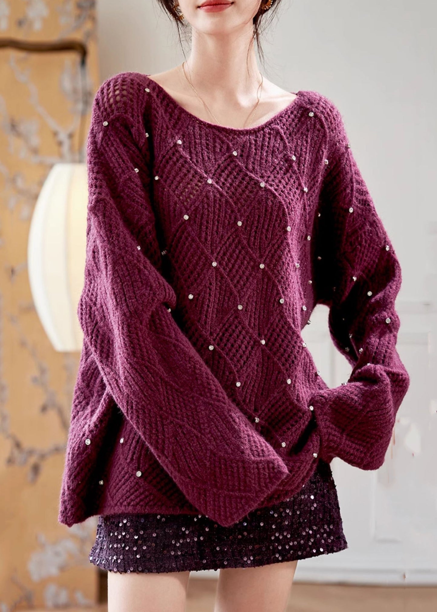 Elegant Purple O Neck Zircon Knit Sweaters Fall QS004 OM-BB241010