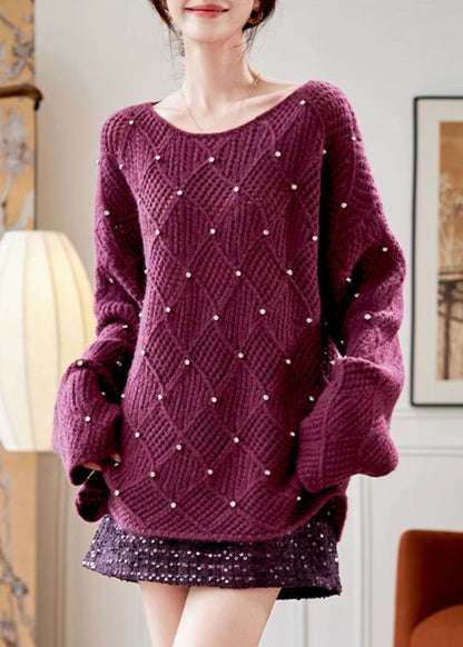Elegant Purple O Neck Zircon Knit Sweaters Fall QS004 OM-BB241010