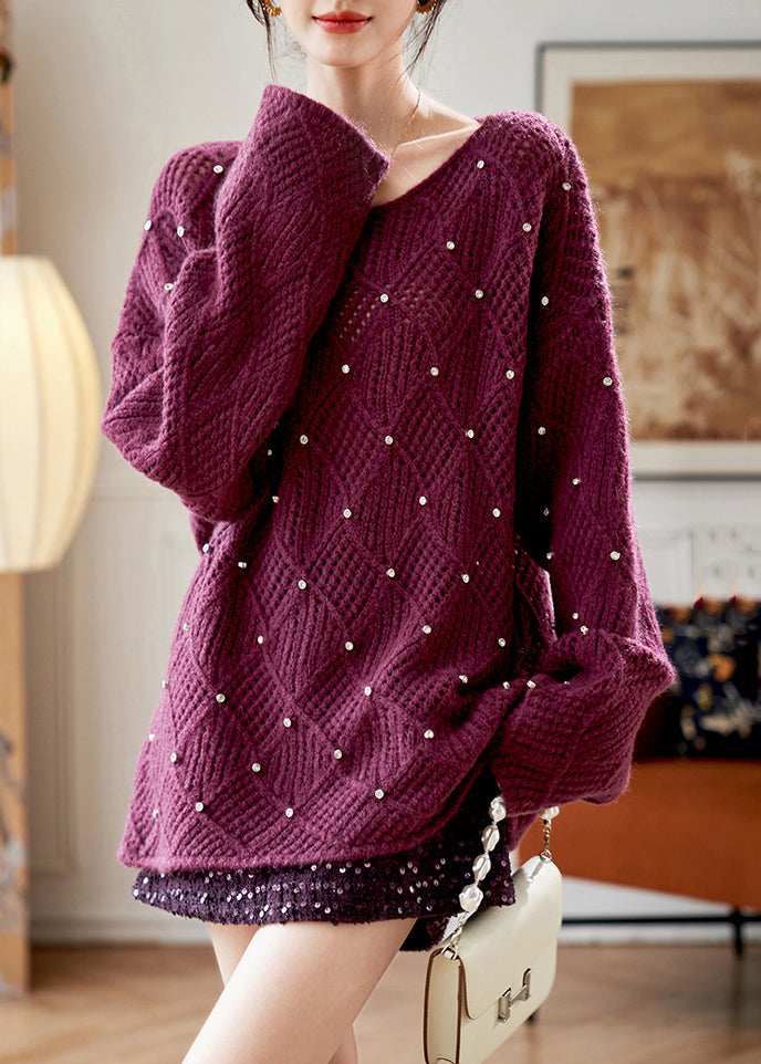 Elegant Purple O Neck Zircon Knit Sweaters Fall QS004 OM-BB241010