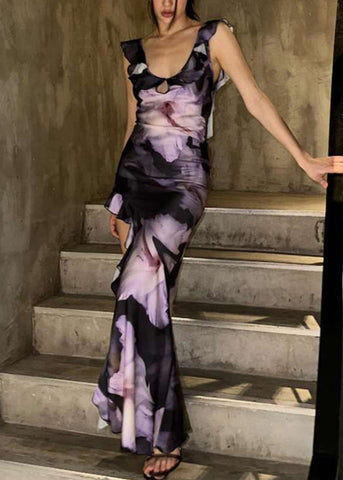 Purple Asymmetrical Summer Cotton Print Ruffled Elegant Dress FashionChic