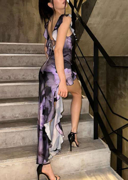 Purple Asymmetrical Summer Cotton Print Ruffled Elegant Dress FashionChic