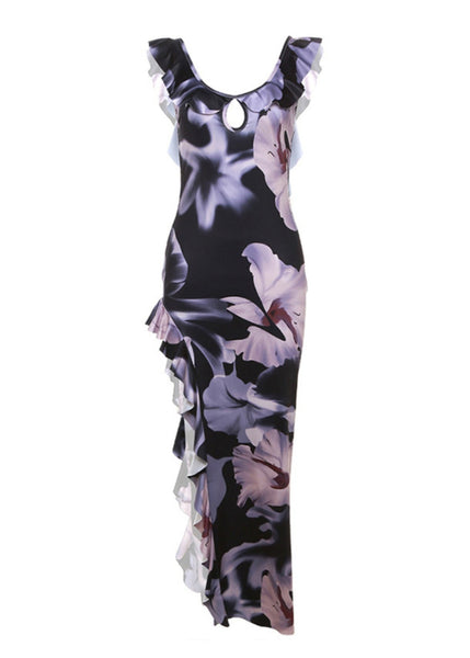 Purple Asymmetrical Summer Cotton Print Ruffled Elegant Dress FashionChic