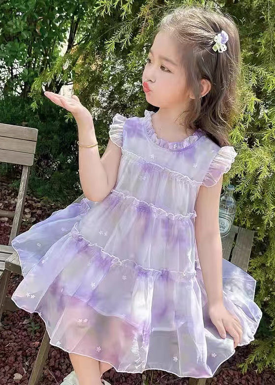 Elegant Purple Ruffled Print Chiffon Girls Dresses Summer TT045 WS-JRTZSDGM240817