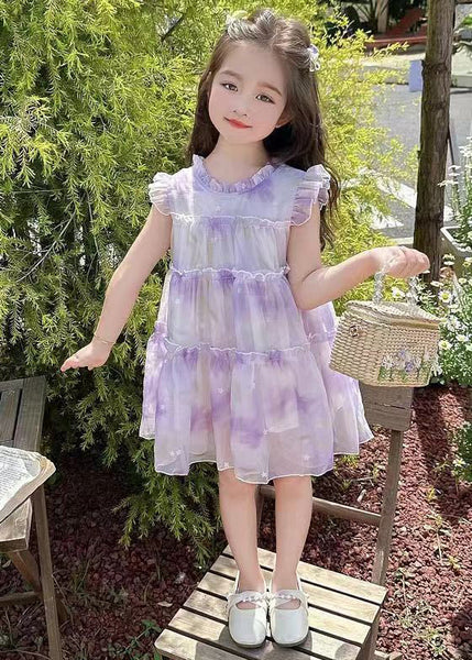 Elegant Purple Ruffled Print Chiffon Girls Dresses Summer TT045 WS-JRTZSDGM240817