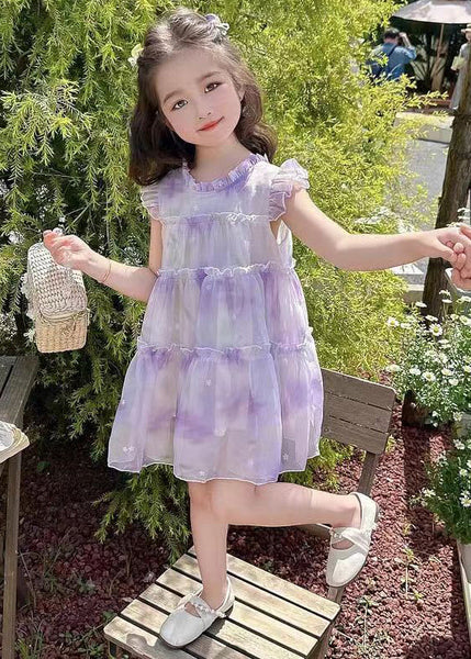 Elegant Purple Ruffled Print Chiffon Girls Dresses Summer TT045 WS-JRTZSDGM240817