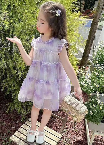Elegant Purple Ruffled Print Chiffon Girls Dresses Summer TT045 WS-JRTZSDGM240817