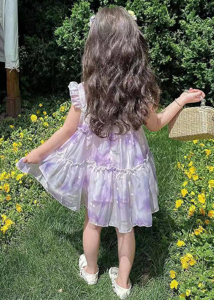 Elegant Purple Ruffled Print Chiffon Girls Dresses Summer TT045 WS-JRTZSDGM240817