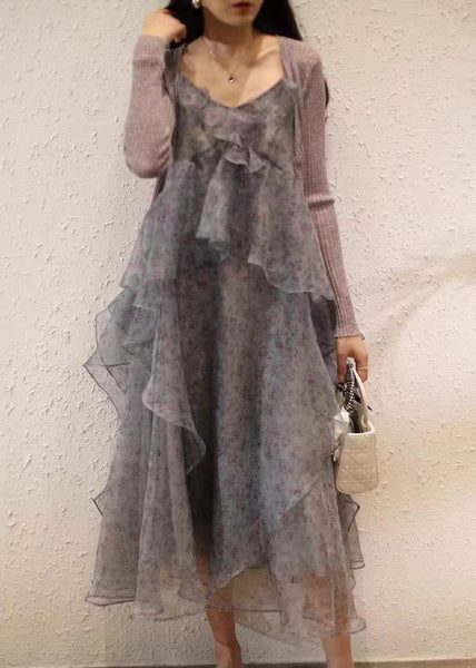 Elegant Purple Ruffled Print Chiffon Sets 2 Pieces Spring AA1053 Ada Fashion