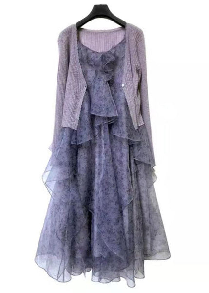 Elegant Purple Ruffled Print Chiffon Sets 2 Pieces Spring AA1053 Ada Fashion