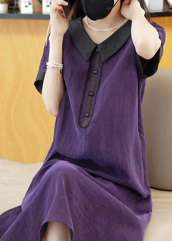 Elegant Purple Solid Patchwork Silk Long Dress Summer OP1077 Ada Fashion