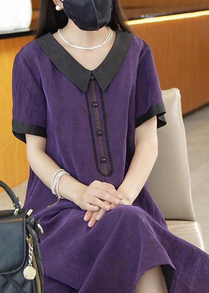 Elegant Purple Solid Patchwork Silk Long Dress Summer OP1077 Ada Fashion