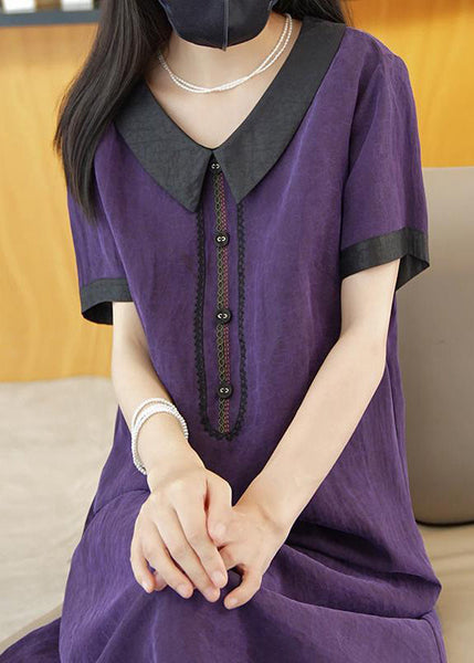 Elegant Purple Solid Patchwork Silk Long Dress Summer OP1077 Ada Fashion