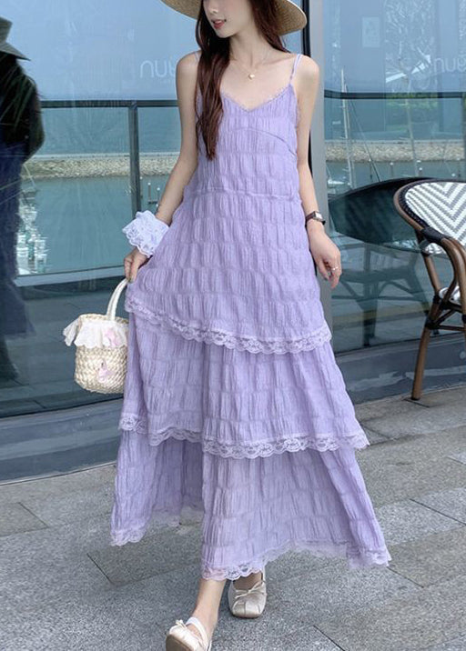 Strap V Elegant Lace Dress Neck Spaghetti Purple Cotton FashionChic