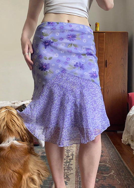 Patchwork Skirt Elegant Summer Purple Zippered Chiffon Print FashionChic
