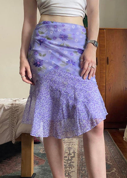 Patchwork Skirt Elegant Summer Purple Zippered Chiffon Print FashionChic