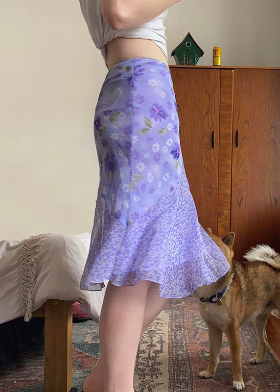 Patchwork Skirt Elegant Summer Purple Zippered Chiffon Print FashionChic