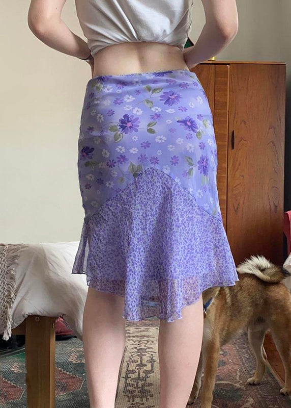 Patchwork Skirt Elegant Summer Purple Zippered Chiffon Print FashionChic
