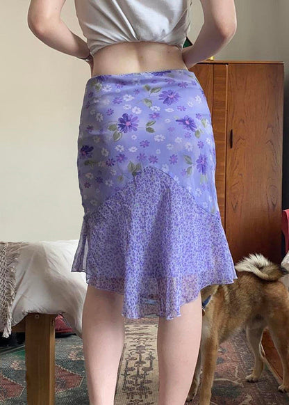 Patchwork Skirt Elegant Summer Purple Zippered Chiffon Print FashionChic