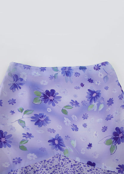 Patchwork Skirt Elegant Summer Purple Zippered Chiffon Print FashionChic
