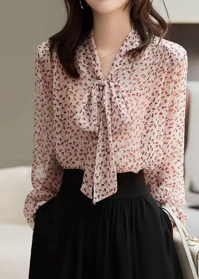 Elegant Red Bow Print Silk Tops Long Sleeve WW014 OL-LTP240812