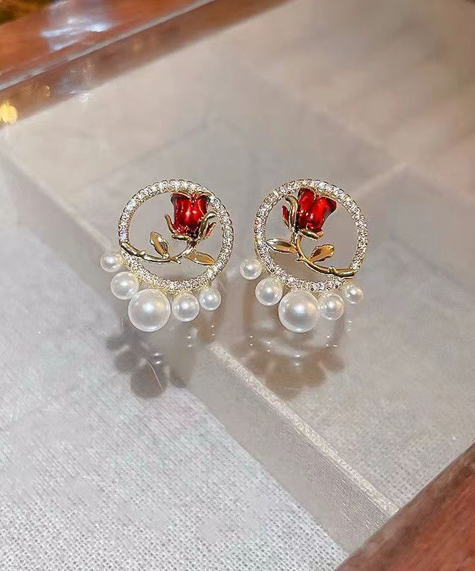 Elegant Red Copper Zircon Pearl Rose Stud Earrings KX1019 Ada Fashion