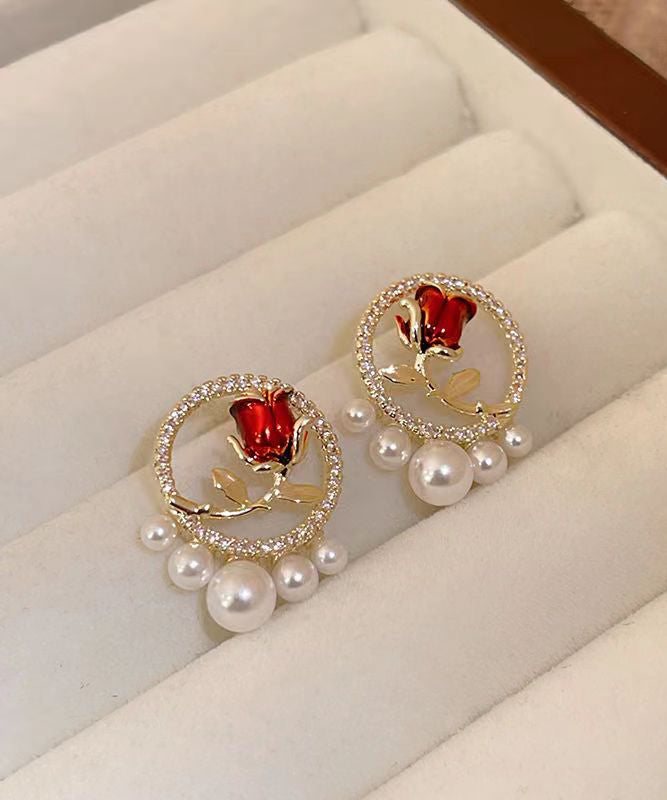 Elegant Red Copper Zircon Pearl Rose Stud Earrings KX1019 Ada Fashion