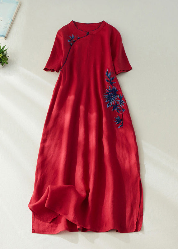 Elegant Red Embroidered Side Open Long Dress Short Sleeve VV062 HS-SDL240627