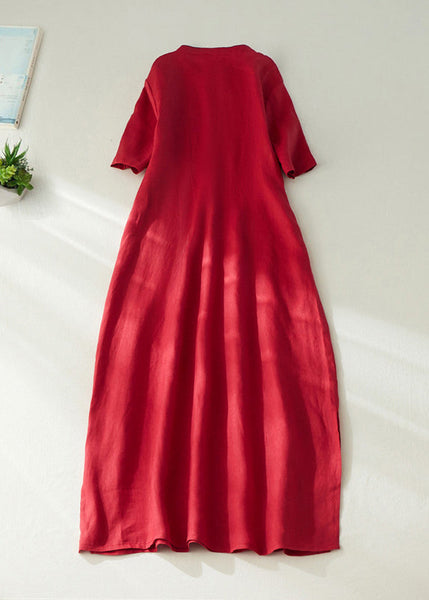 Elegant Red Embroidered Side Open Long Dress Short Sleeve VV062 HS-SDL240627