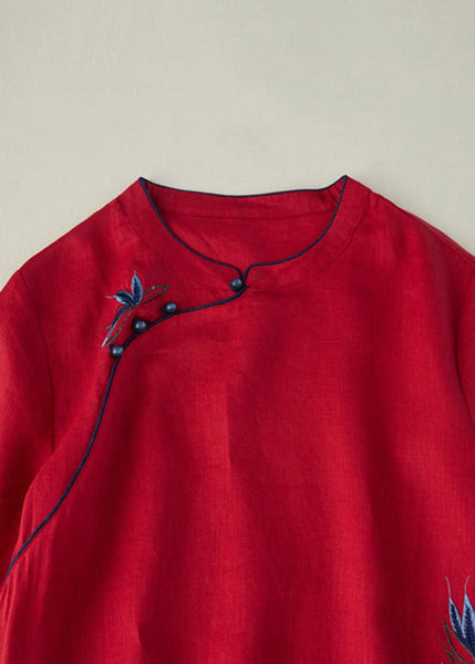 Elegant Red Embroidered Side Open Long Dress Short Sleeve VV062 HS-SDL240627